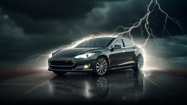 Un sedán tesla negro con una tormenta eléctrica en el fondo.