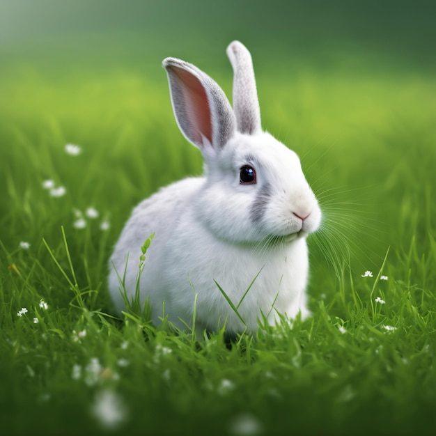 Sedar pascua conejo enano blanco retrato cuerpo completo sentado en campo verde