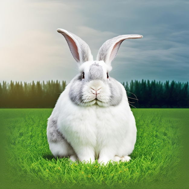 Sedar pascua gigante conejo de angora retrato de cuerpo completo sentado en campo verde
