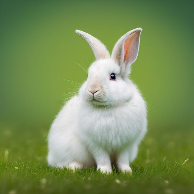 Sedar Pascua Satén Angora conejo retrato de cuerpo completo sentado en campo verde