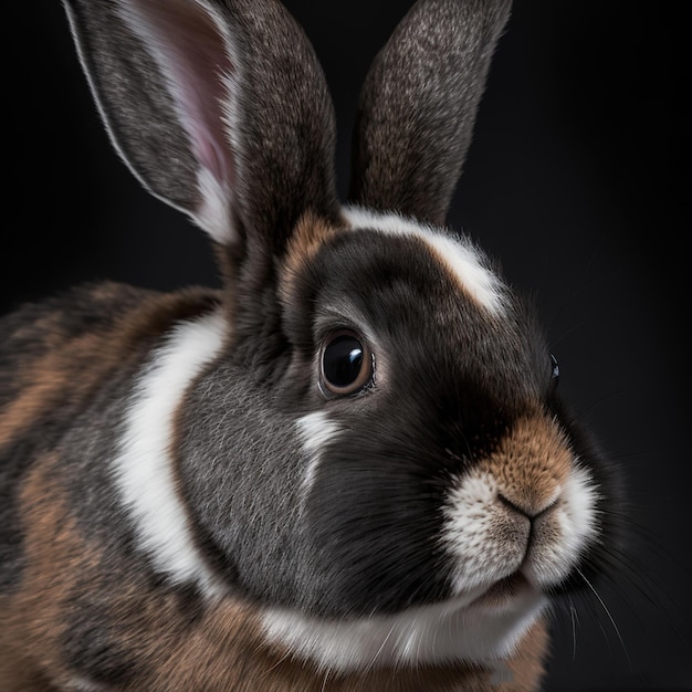 Sedate closeup retrato hermoso bigote pascua conejo Arlequín en estudio