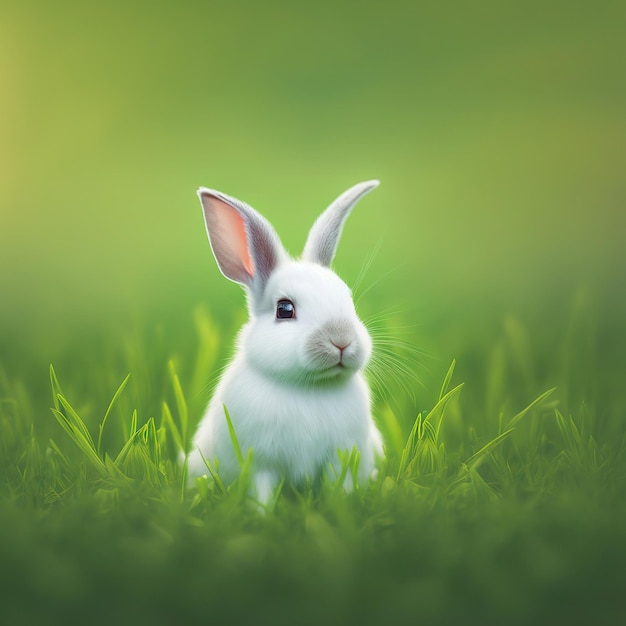 Sedate coelho anão branco de páscoa retrato de corpo inteiro sentado em campo verde