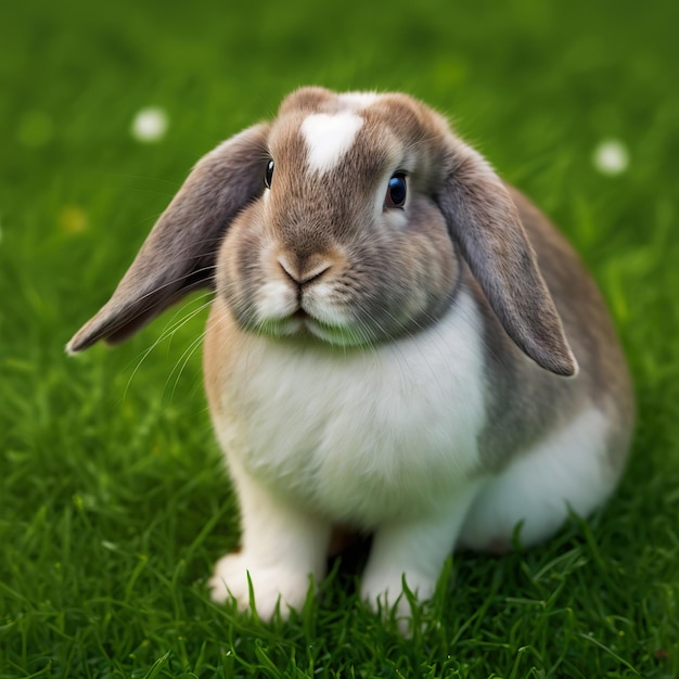 Sedate easter Mini Lop retrato de coelho de corpo inteiro sentado em campo verde