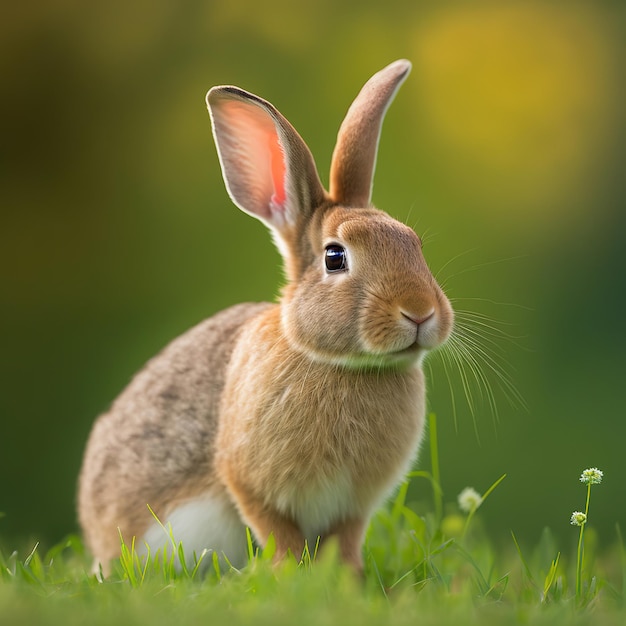 Sedate easter Tam rabbit retrato de corpo inteiro sentado em campo verde