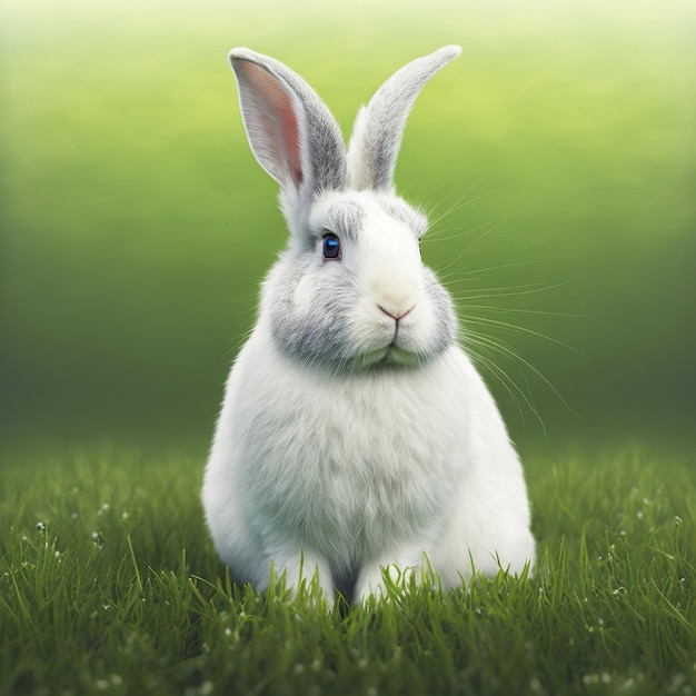 Sedate Ostern Satin Angora-Kaninchen-Portrait voller Körper sitzt im grünen Feld