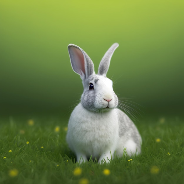 Sedate páscoa branco coelho cinza retrato de corpo inteiro sentado em campo verde