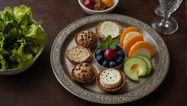 Seder platea bandeja de galletas galletas y frutas están en una mesa