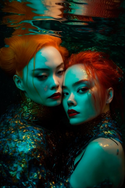 Seducción Submarina Abrazo Sensual de Dos Hermosas Mujeres Orientales con Cabello Rojo Ardiente