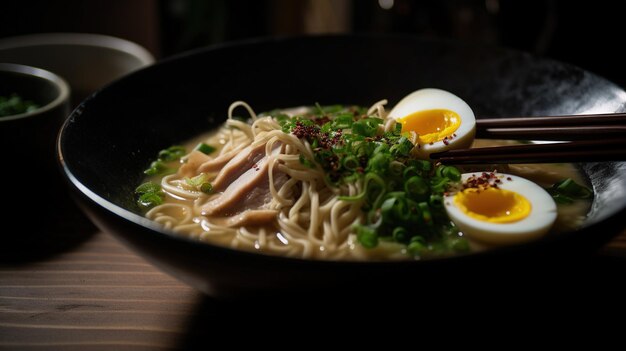 Seductora foto de un plato de rico y cremoso ramen Tonkotsu adornado con cerdo chashu y hervido