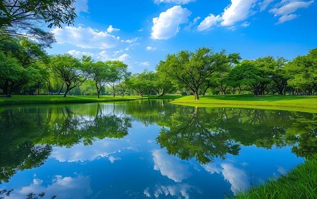 See im Park mit blauem Himmel und weißen Wolken natürlicher Hintergrund