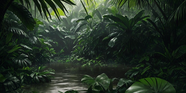 See im wilden Dschungel Starker Regen Dunkler tropischer Wald mit exotischen Pflanzen Palmen große Blätter und Farne Beängstigendes Dickicht des Regenwaldes Wasserströme nasse grüne Vegetation Generative KI