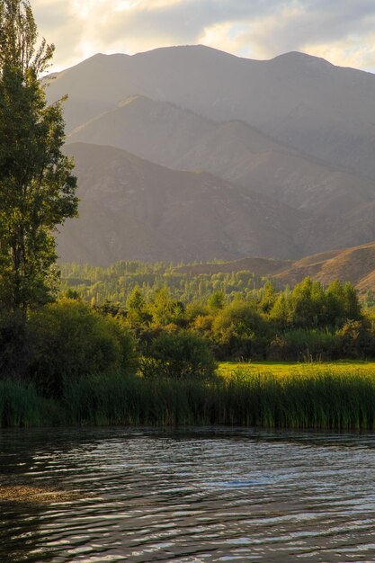 See in den Bergen Ruhige Bucht im Grünen bei Sonnenuntergang Erholungsort Kirgistan Lake IssykKul