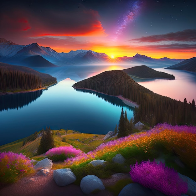 See in den Bergen Wunderschöne neblige Landschaft Sonnenuntergang über dem See Digitale Kunstwerke