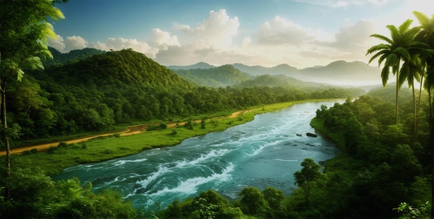 See mit Bäumen am Seitenbrett, das auf dem Fluss verläuft, natürliche malerische Umgebung, Naturzeichnung