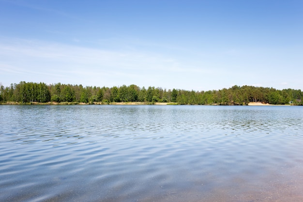 See mit blauem Wasser und bewaldetem Ufer