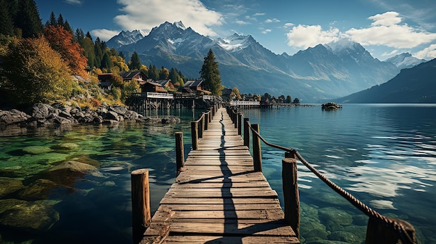 See-Pier mit Bergen im Hintergrund