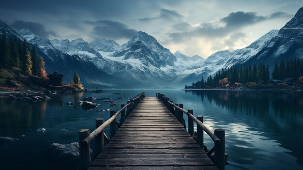 See Pier mit Bergen im Hintergrund