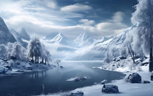 Foto see reflektiert in den bergen frostpunk