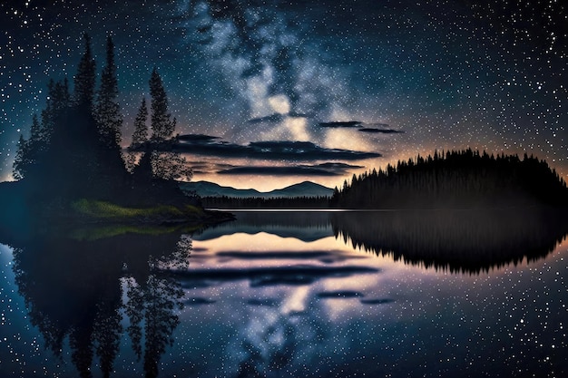 See, umgeben von bewaldeten Ufern und bergiger Landschaft im Hintergrund in der Sternennacht