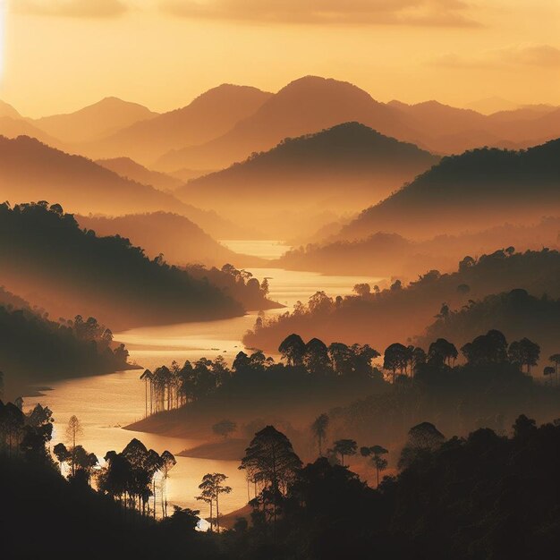 Foto see zwischen hügeln mit bergen im hintergrund