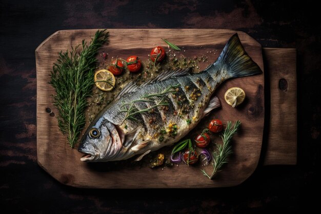 Seebarsch, der auf einem Holzbrett gegrillt wurde, Fisch, der in Seebarsch gebacken wurde, eine Draufsicht