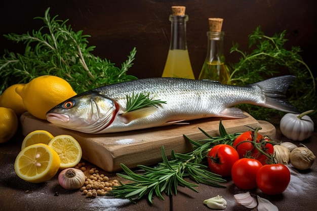 Seebarsch mit frischem Fisch und Zutaten zum Kochen