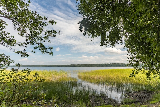 Seeblick mit blauem Himmel und weißen Wolken