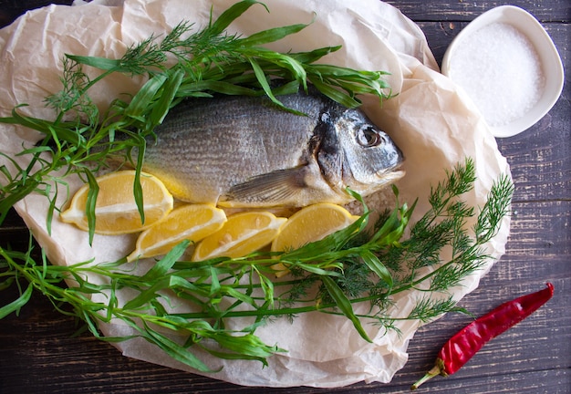 Seebrassenfisch mit Zitrone, Dill, Rosmarin und scharfer Chilischote zum Kochen zubereitet