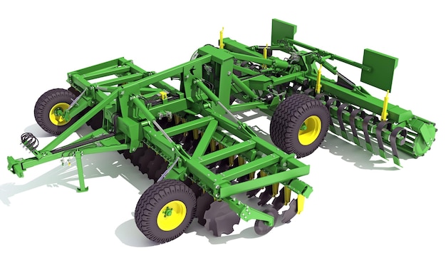 Foto seed drill disc harrow renderização 3d de equipamentos agrícolas em fundo branco