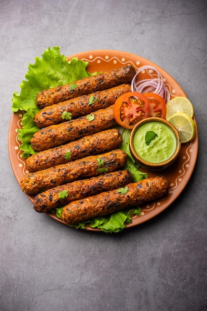 Seekh Kabab aus gehacktem Hühnchen oder Hammel-Keema, serviert mit grünem Chutney und Salat