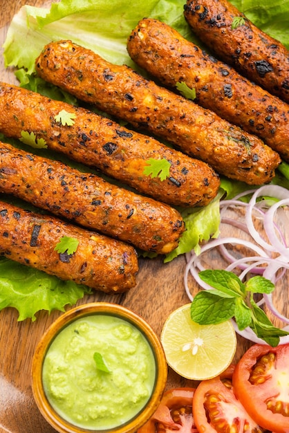 Seekh Kabab hecho con pollo picado o keema de cordero, servido con chutney verde y ensalada