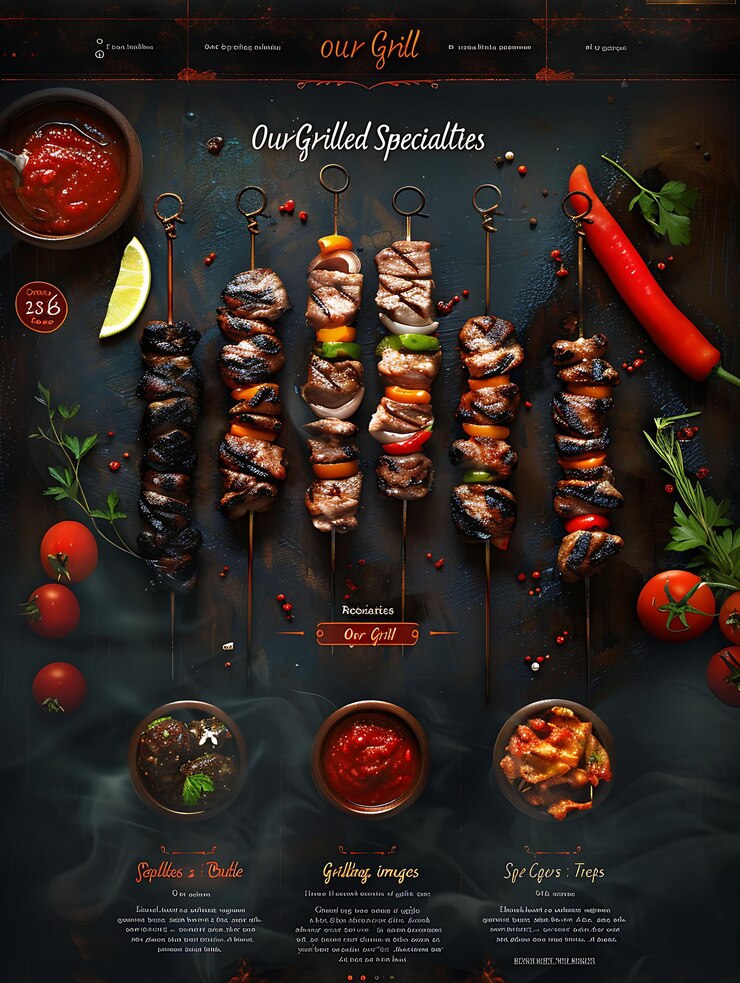 Foto seekh kebab com efeito esqueumórfico design realista para um site de comida asiática layout design idea