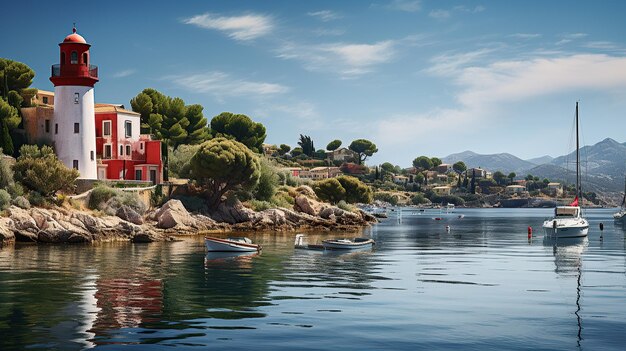 Seelandschaftshafen einer mediterranen Stadt mit einem kleinen Leuchtturm. Generative KI