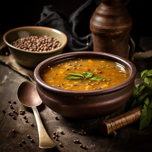 Seele wärmende Güte köstliche Linsensuppe mit einem Löffel auf einer gemütlichen Tischdecke