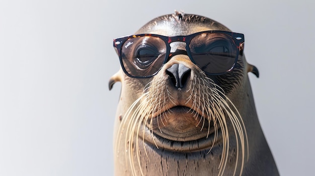 Seelöwe mit Sonnenbrille auf weißem Hintergrund