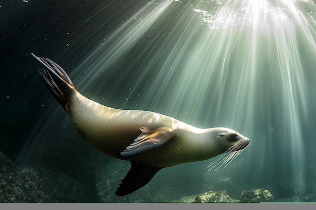 Seelöwe schwimmen unter Wasser, beleuchtet von Sonnenlichtstrahlen, die durch die Oberfläche durchdringen