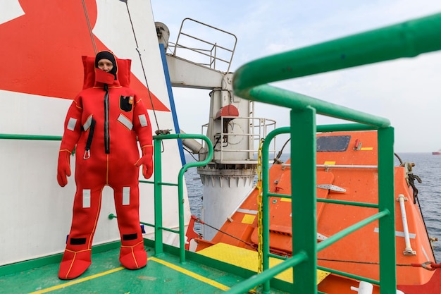 Foto seemann in tauchanzug auf der sammelstation verlassen sie die schiffsausbildung freifallboot frachtfahrzeug