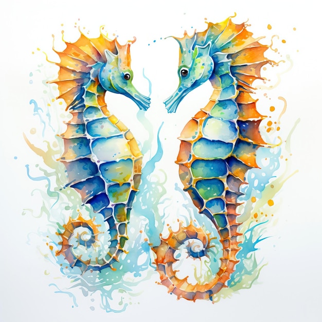 Seepferdchen-Fisch-Aquarell-Komposition