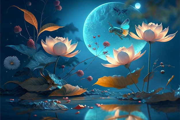 Seerose und Mond in sternenklarer Nachtillustration