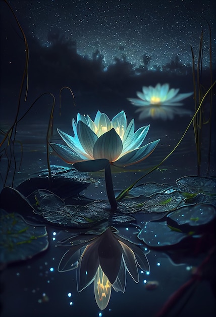 Seerose und Mond in sternenklarer Nachtillustration