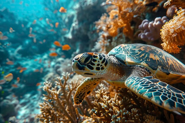 Seeschildkröte im Korallenriff schwimmt zur Wasseroberfläche Porträt von Marine Turtle