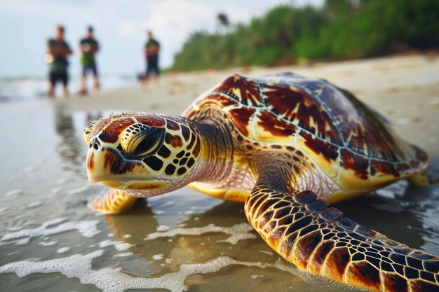 Seeschildkröte nähert sich dem Ozean und Zuschauer hinter ihr