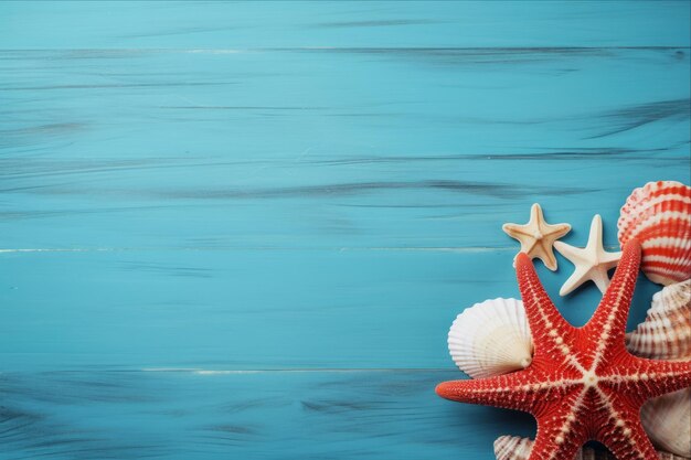 Seeside Serenity Vibrant Summer Getaway mit Red Starfish Seashells und Blue Wooden Bliss