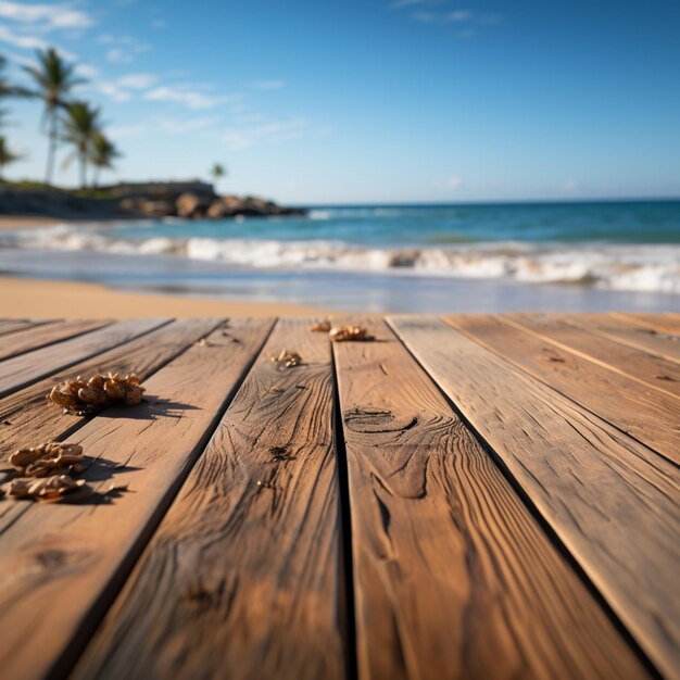 Seeside-Visual Blurred Beach-Hintergrund ergänzt Holzdeck für Produktausstellungen Für soziale Medien