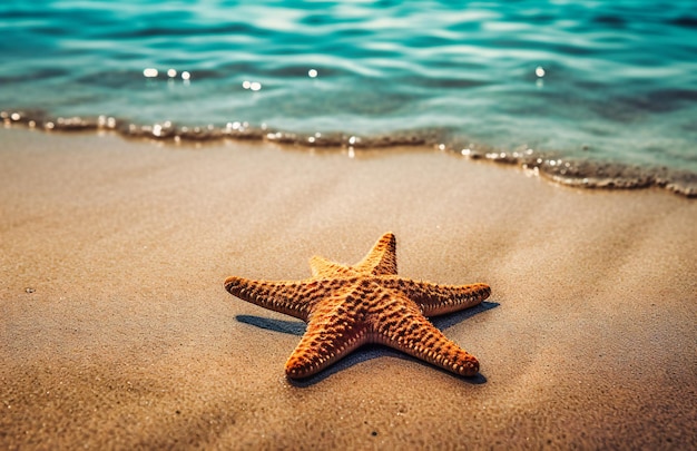 Seestern am Sandstrand mit blauem Ozean