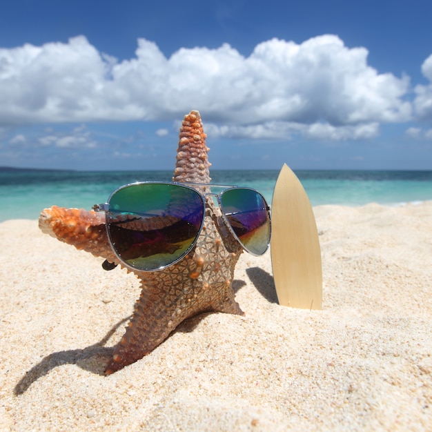 Foto seestern mit sonnenbrille und surftisch im sand des strandes