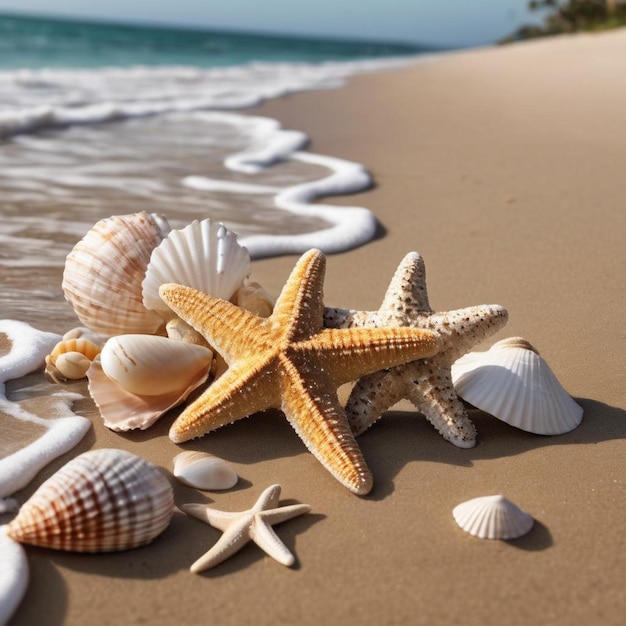 Seesterne und Muscheln am Sandstrand verstreut