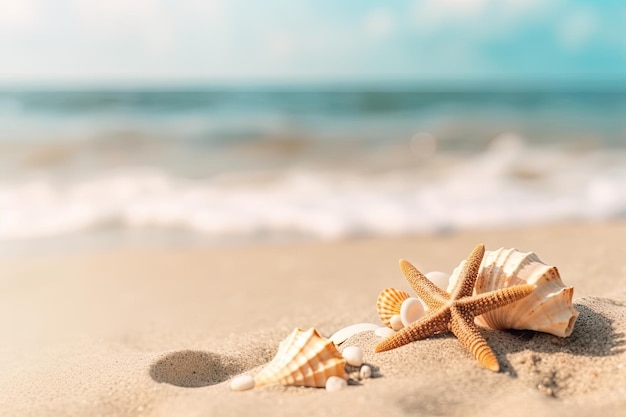 Seesterne und Muscheln auf dem Sand mit einem paradiesischen Strand im Hintergrund Platz kopieren Sommerkonzept Ai generativ