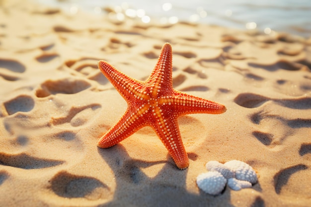 Seesterze auf dem Sand am Strand unter Muscheln Sommerferienfoto KI-generiert