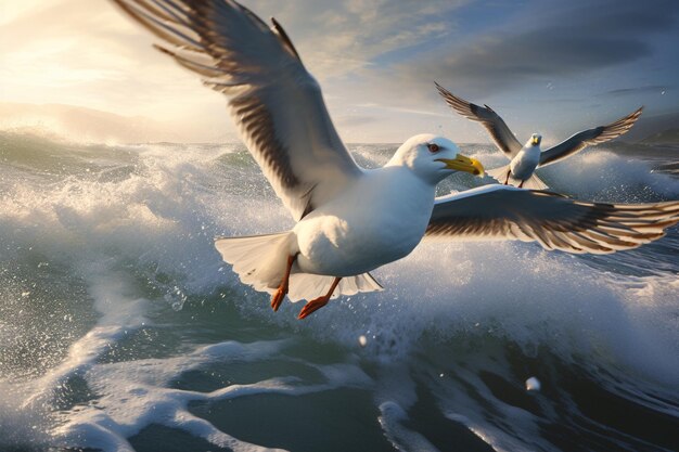 Seevögel fliegen über den Wellen
